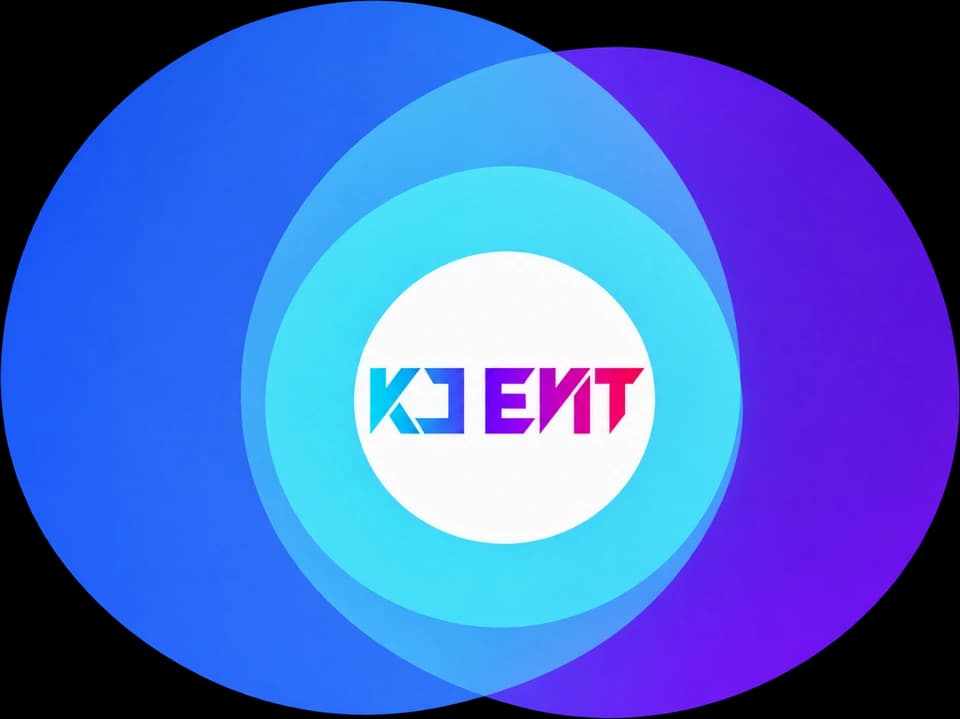 운영사 케이제이 이엔티(KJ ENT) 브랜드 마크, 파랑과 보라 원이 겹친 형태