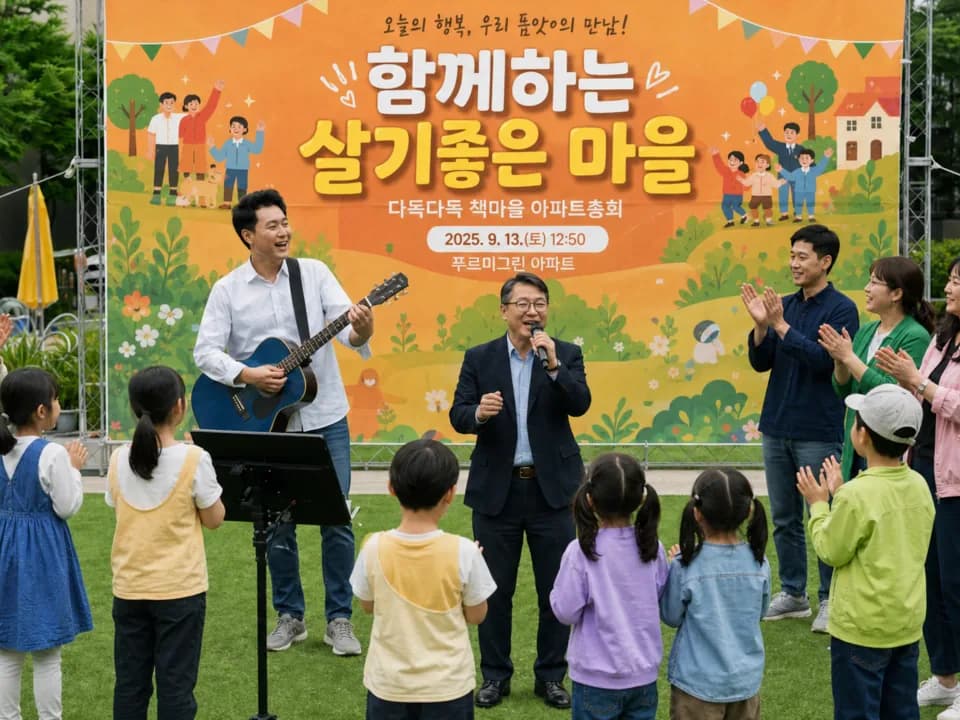 주민들이 모인 야외 광장 행사 진행 장면