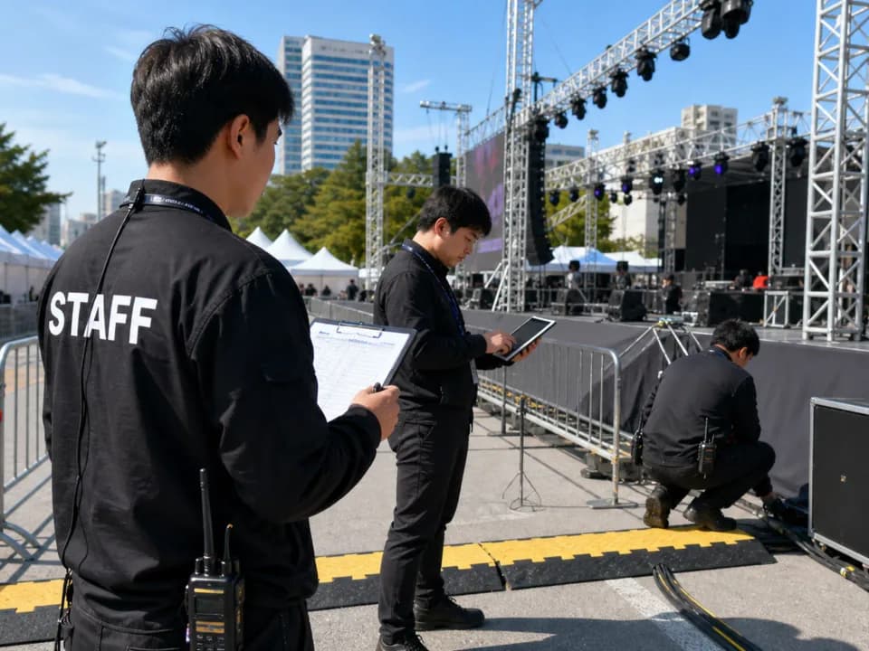 야외 특설무대에 트러스를 올리는 시공 현장